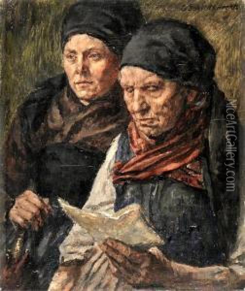 Zwei Dachauer Bauerinnen Beim Lesen Eines Briefes Oil Painting - Georg Schildknecht