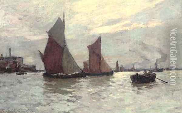 Barges on the Thames at dusk Oil Painting - Terrick John Williams