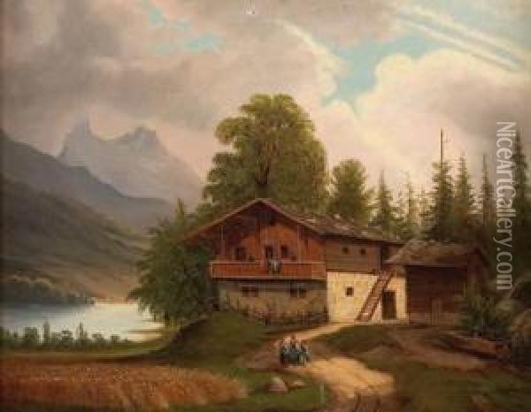Flusslandschaft Mit Bauernhof Oil Painting - Georg Andries Roth