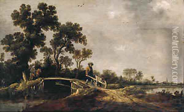 A horseman and a peasant with a wheel-barrow on a bridge in a river landscape Oil Painting - Pieter de Neyn