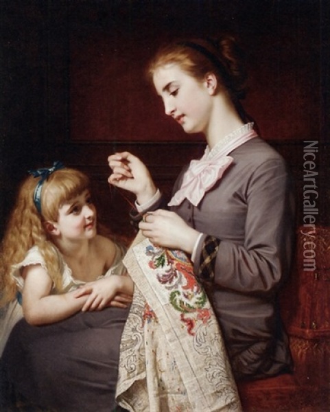 The Embroidery Lesson Oil Painting - Hugues Merle