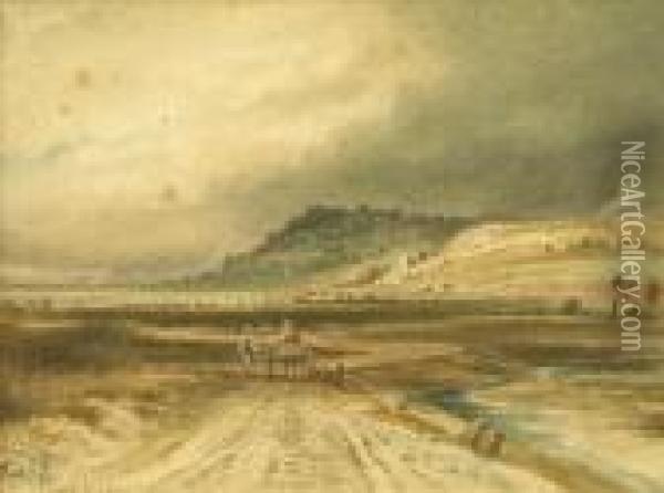 Extensive Estuary Landscape With Figures And Cart, A Church Beyond Oil Painting - Anthony Vandyke Copley Fielding