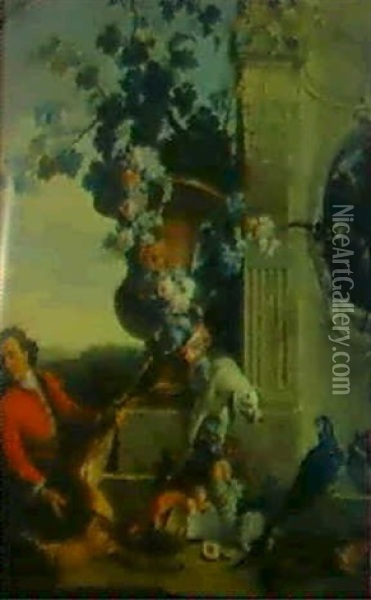 Le Retour De Chasse Avec Un Brocard Mort, Un Chasseur, Un   Grand Vase Avec Une Guirlande De Roses... Oil Painting - Jean-Baptiste Oudry