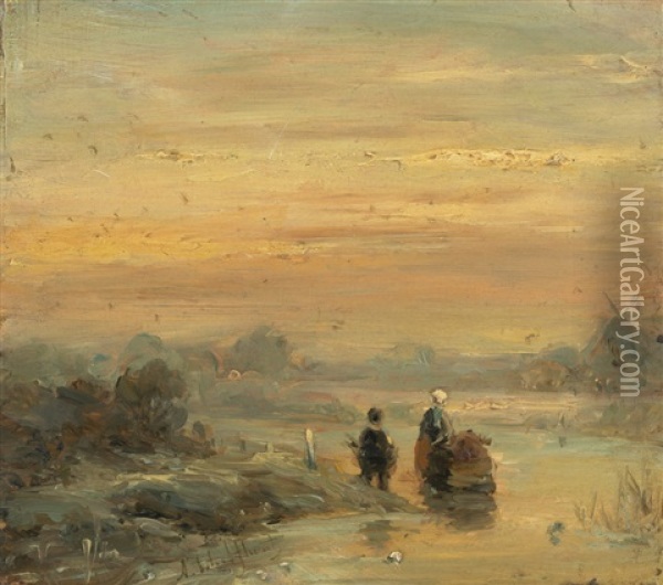 Abendliche Winterlandschaft Mit Zwei Figuren Auf Einem Zugefrorenen Fluss Oil Painting - Andreas Schelfhout