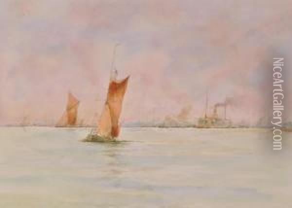 Shipping Below Woolwich Oil Painting - Frank Saltfleet