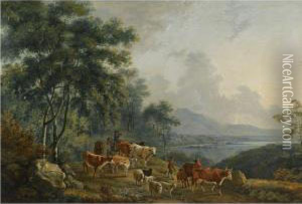 Landscape With Livestock And Herdsmen By A Lake Oil Painting - George Cuitt