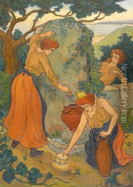 Trois Femmes Et Leurs Pots A La Fontaine Ou Femmes A La Fontaine Oil Painting - Paul Elie Ranson