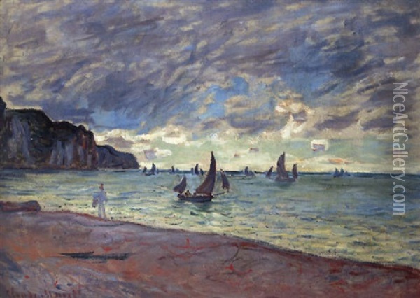 Barques De Peche Devant La Plage Et Les Falaises De Pourville Oil Painting - Claude Monet