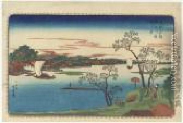 Sumidagawa Hazakura No Kei 
(cherry Trees In Leaf On The Sumidariver), From The Series Toto Meisho 
(famous Places Of The Easterncapital) Oil Painting - Utagawa or Ando Hiroshige