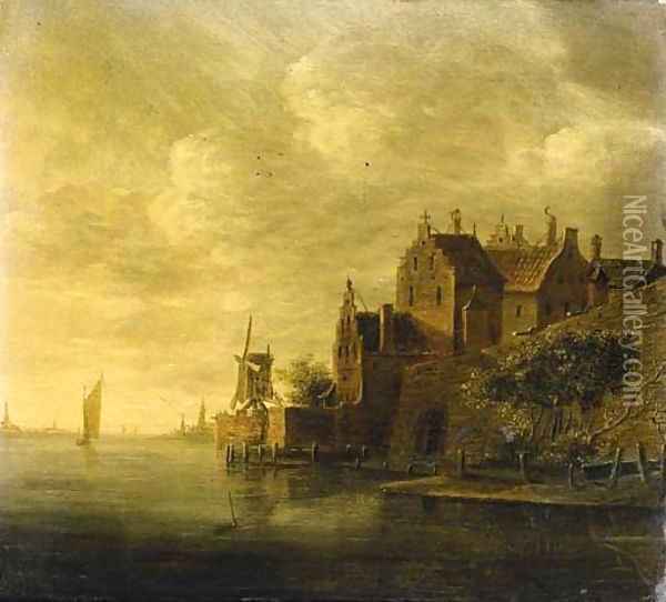 A fortified town on a river, with a sailing boat in the distance, at sunset Oil Painting - Wouter Knyff