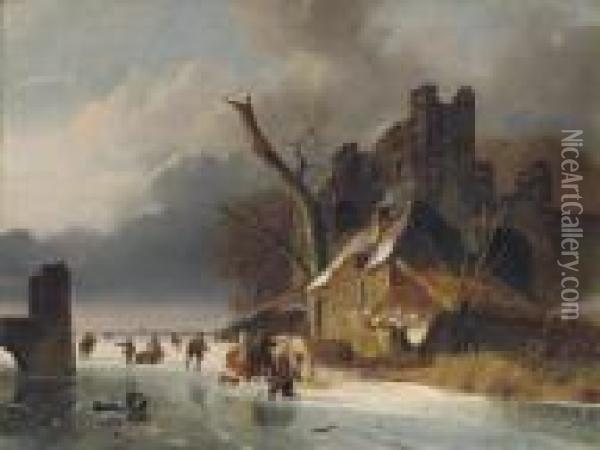 Townspeople On The Ice By A Ruin Oil Painting - Nicholas Jan Roosenboom