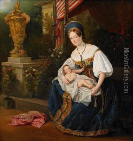 Kvinna Med Barn Kladd I Folkdrakt Oil Painting - Charles Emile Hippolyte Lecomte-Vernet