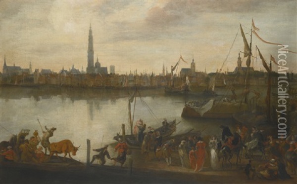 A View Of Antwerp Across The Scheldt, With Elegant Ladies Being Lifted Onto A Ferry And Workers Unloading Hay From A Barge, The City In The Background Oil Painting - Hendrich van Minderhout