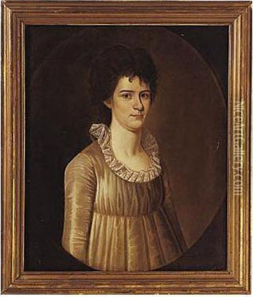 Portrait Of Young Lady In Gray-green Empire Dress: A Portrait Of Miss Ashley Oil Painting - William Jennys