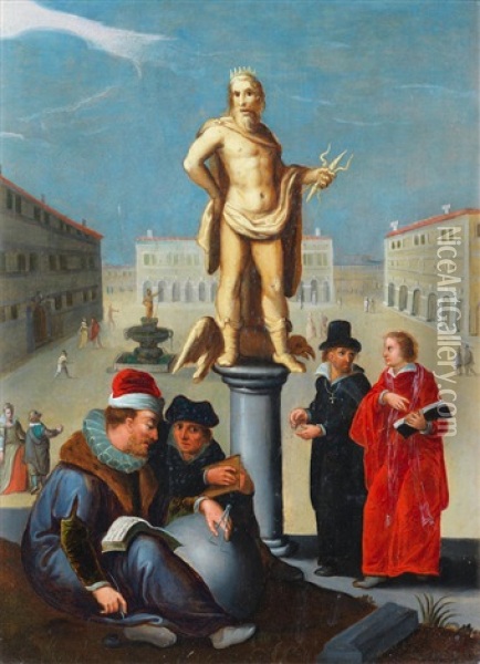 Figures In A Piazza Before A Statue Of Neptune Oil Painting - Hendrik Goltzius