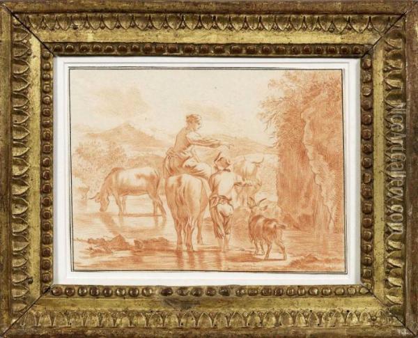 Hirtenpaar Mit Kuhen Undziege An Der Tranke Oil Painting - Nicolaes Berchem