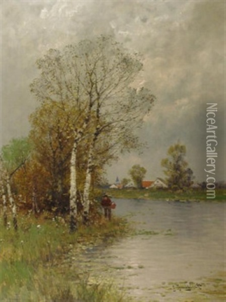 Ruhige Fluslandschaft Mit Birken Und Spazierganger Oil Painting - Johann Jungblut
