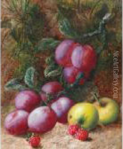 Plums, Apples And Raspberries On A Mossy Bank Oil Painting - Oliver Clare
