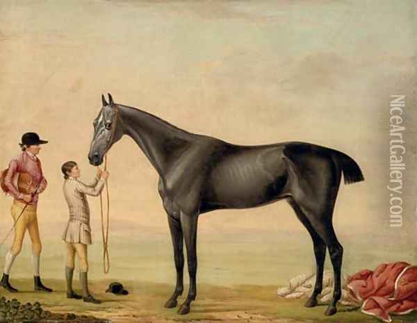 Chrysis, a grey racehorse, held by a groom, with a jockey, in a landscape Oil Painting - William Shaw