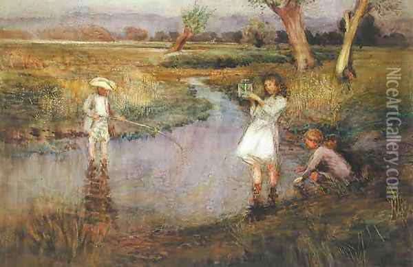 Catching Minnows - Town Meadows, Maidstone, Kent Oil Painting - John Pedder
