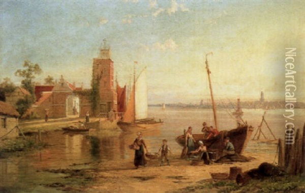 Figures Before The Lighthouse At Tholen On The Scheldt Oil Painting - William Raymond Dommersen