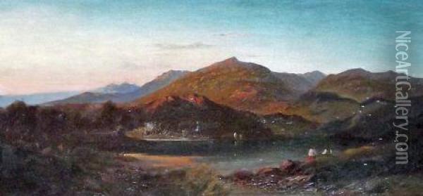 Welsh Mountain Landscape With Figures Oil Painting - Walter Williams