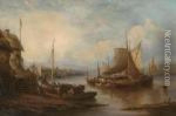 Barges On An East Anglian River At Dusk Oil Painting - John Moore Of Ipswich