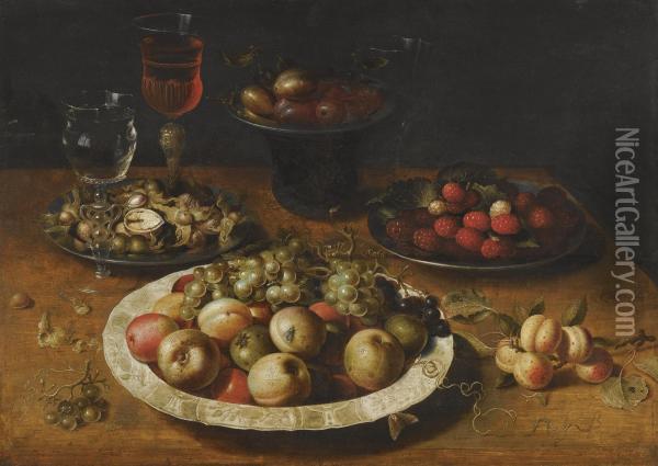 A Still Life Of Apples And Grapes In A Blue-and-white Porcelainbowl, Raspberries And Walnuts In Pewter Dishes, Plums On A Pewterdish Atop A Stand, Together With Three Wine-glasses And Sprigs Ofapricots And Gooseberries Upon A Wooden Table Oil Painting - Osias, the Elder Beert