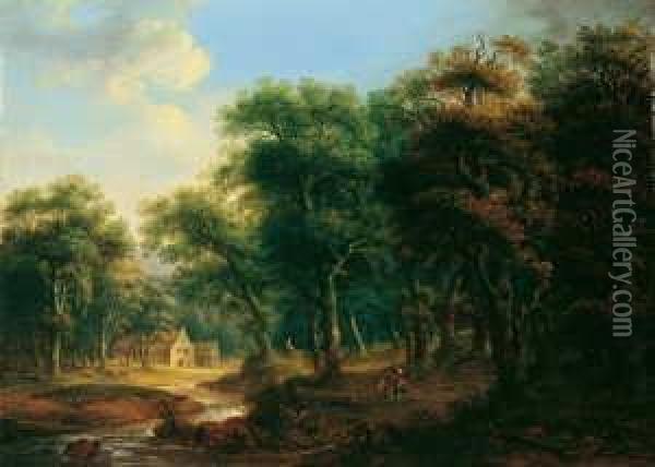Waldlandschaft Mit Bachlauf Und Wanderern. Oil Painting - Jakob Von Manskirsch