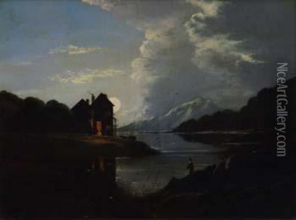 Moonlit Lake Scene Oil Painting - Charles Leslie