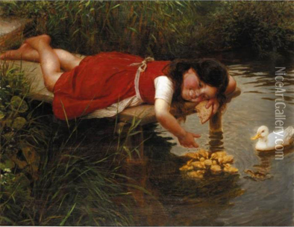 Feeding The Ducks Oil Painting - Carl Von Bergen