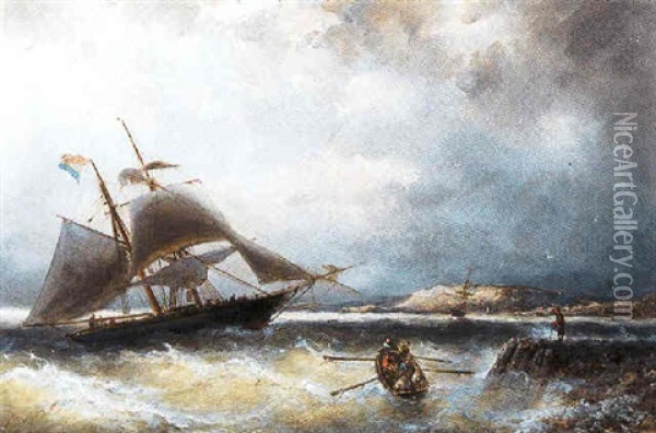 Doorbrekende Zon Hollands Zeilschip En Een Roeiboot Bij De Kust Oil Painting - Nicolaas Riegen
