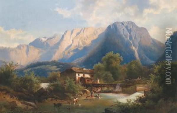 Paesaggio Montuoso Con Mulino E Figure Accessorie In Primo Piano Oil Painting - Josef Thoma
