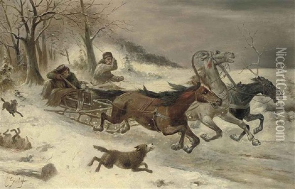 Running From The Wolves Oil Painting - Adolf (Constantin) Baumgartner-Stoiloff
