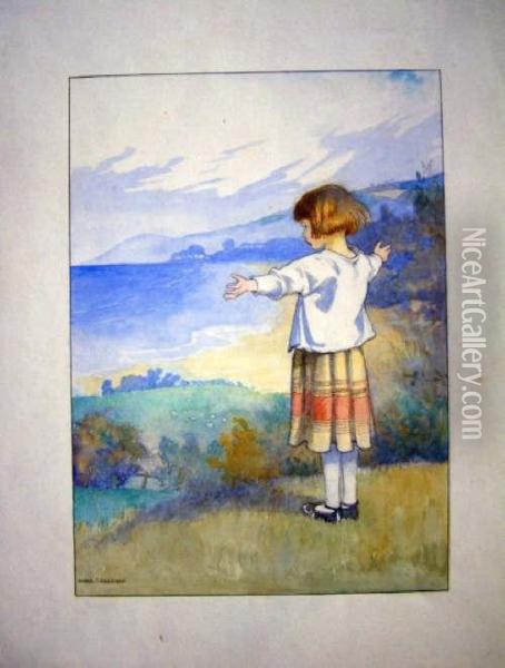 Unframed Watercolour Girl On A Hilltop Signed 9.75 X 7in Oil Painting - Honor Charlotte Appleton