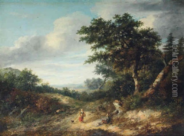 Wooded Landscape With Travellers On A Path Oil Painting - Philipp Reinagle