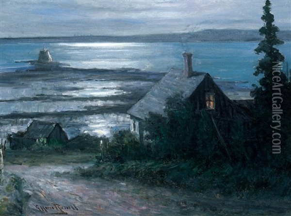 Riverside Home By Moonlight Oil Painting - George Horne Russell