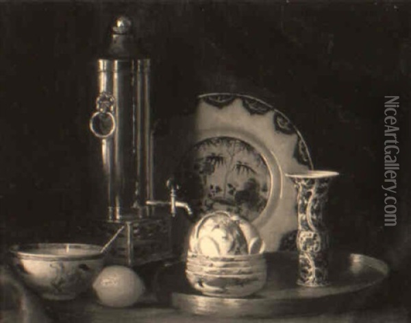 Still Life With Porcelain, Copper Coffee Holder And A Lemon Oil Painting - Gerard L. Steenks