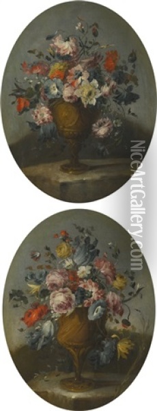 A Pair Of Still Lifes Of Roses, Anemones, Tulips And Other Flowers In Bronze Urns, Resting On Stone Ledges Oil Painting -  Pseudo Guardi