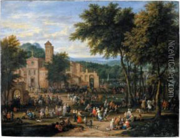 Landscape With A Village 
Festival, With Numerous Figures Dancing And Feasting Near A Church, A 
River Beyond Oil Painting - Boudewyns Adriaen & Bout Peeter
