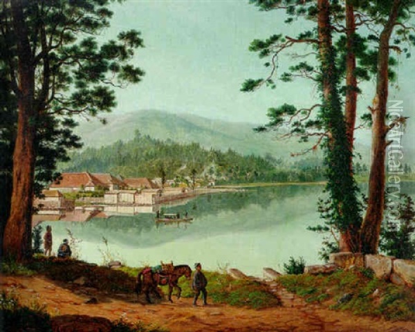 Figures Near A Lake In A Mountainous Woodland (japan?) Oil Painting - Charles Wirgman Sr.