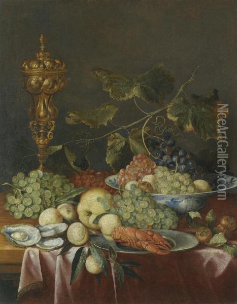 A Still Life Of Fruit, Nuts And Oysters With A Delftware Bowl, A Gilt Cup And A Crayfish On A Pewter Plate, All On A Table Partially Draped With A Red Cloth Oil Painting - Jan Davidsz De Heem