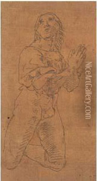 Etude D'un Homme Agenouille Les Mains Jointes, D'apres Raphael Oil Painting - Eugene Delacroix