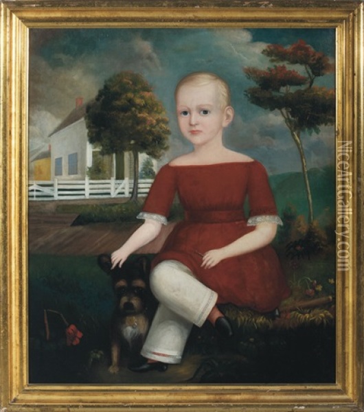 Folk Portrait Of A Young Boy In Red Outfit With Dog Oil Painting - Calvin Balis