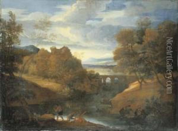 A Classical River Landscape With Figures Fishing Oil Painting - Giovanni Francesco Grimaldi