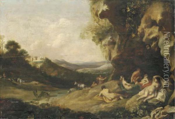 An Extensive Mountainous Landscape With Nymphs On A Bank Oil Painting - Abraham van Cuylenborch