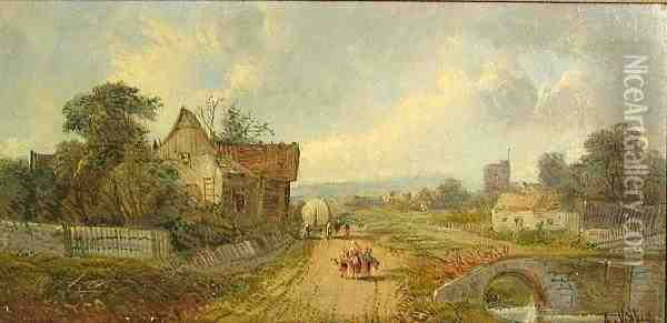 A View Of A Village With Figures Near A Bridge Oil Painting - A.H. Vickers