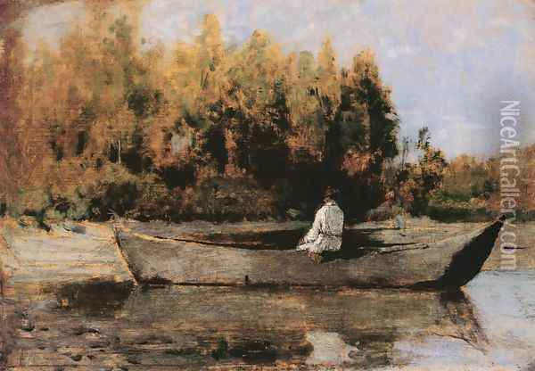 In the Boat 1870s Oil Painting - Geza Meszoly