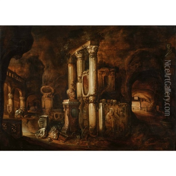 Romisches Grotteninterieur Mit Antiken Versatzstucken Und Totenschadeln Oil Painting - Charles Cornelisz de Hooch