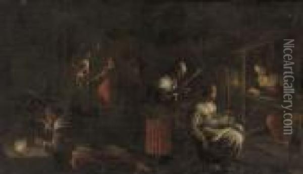 Women Weaving In A Candlelit Interior Oil Painting - Jacopo Bassano (Jacopo da Ponte)